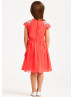 Beaded Coral Pleated Chiffon Knee Length Flower Girl Dress